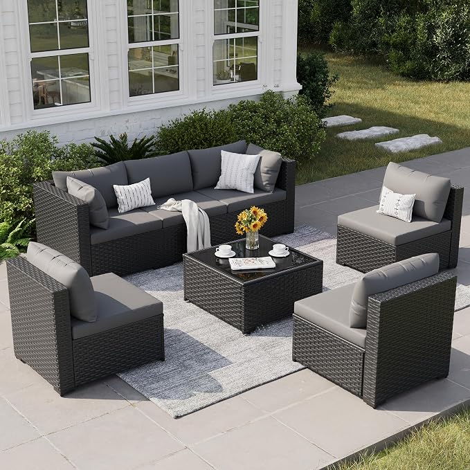 Patio Furniture Set, 7-Piece Outdoor Sectional All-Weather Wicker Patio Conversation Set for Backyard, Garden, Grey