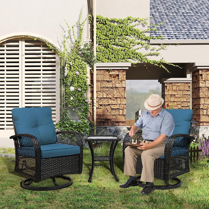 Outdoor Swivel Rocker Patio Chairs with Cushions，Outdoor Swivel Rocking Chairs Set of 2 with Rattan Side Table，360 Degree Swivel Seat Patio Furniture Set for Outside Porch Deck，3 Pieces
