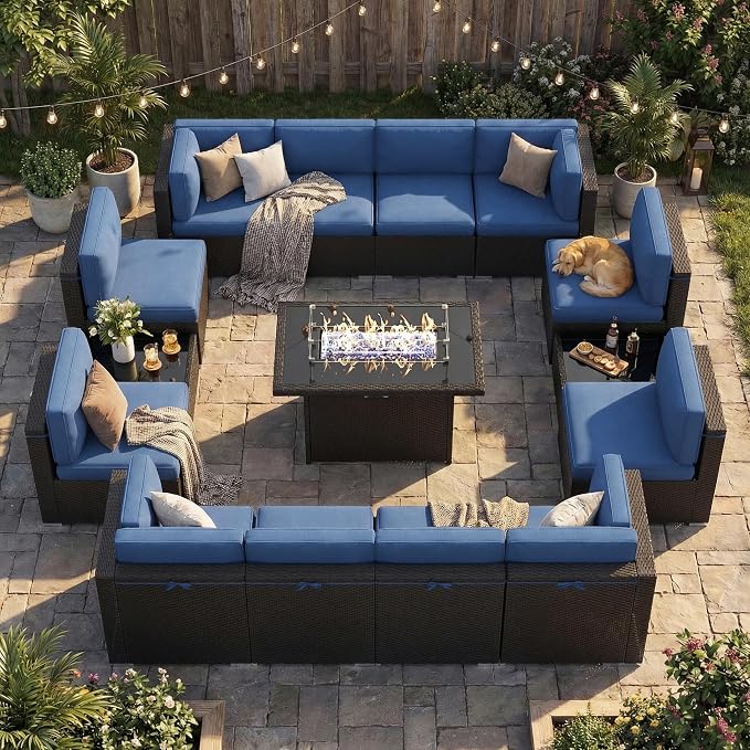 15 Pieces Patio Furniture Set with 44" Propane Gas Fire Pit Table, Outdoor Sectional Wicker Conversation Sofa Sets with Coffee Table