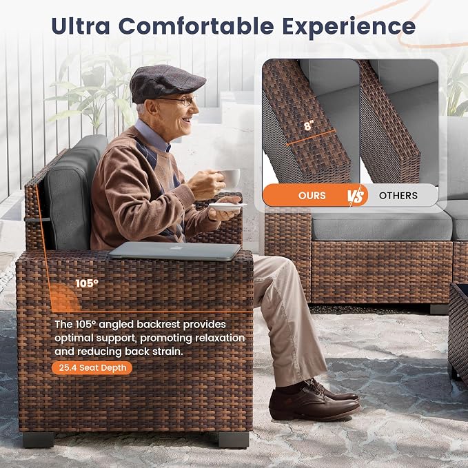UDPATIO Furniture Set with Fire Pit Table, 8 Inch Wide Armrest 7 Piece Sectional Sofas, All-Weather Wicker Conversation for Garden, Backyard, Grey