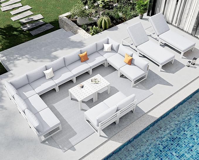NICESOUL Extra Large Aluminum Patio Furniture Set with Chaise Lounge, All-Weather 29" Wide Seats Outdoor Sofa Conversation Set, 16 Piece Modern Sectional Couch for 14 Seats, for Garden, Light Gray