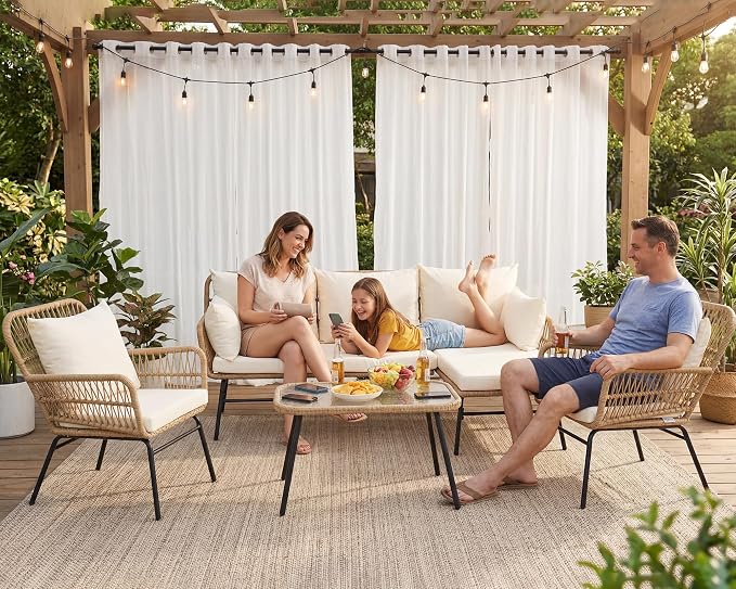 RADIATA 5 Pieces Outdoor Patio Boho Furniture Set, High Back Wicker Conversation Set with Side Table, Sturdy Rattan Sofa and Chair for Balcony Porch Deck Garden, Beige