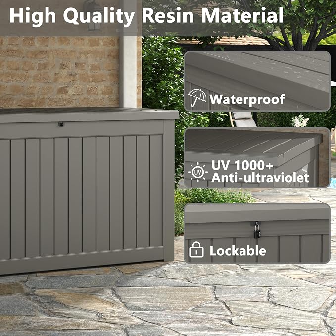 KAMABOKO 260 Gallon Outdoor Storage Box, Resin Deck Boxes Indoor and outdoor, Waterproof Storage Box Lockable Lid for Garden Tools, Package Delivery, Patio Cushions, Grey