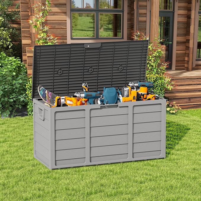 75 Gallon Deck Storage Box Resin Outdoor Storage Container with Handles for Patio Garden Yard, Black, Grey