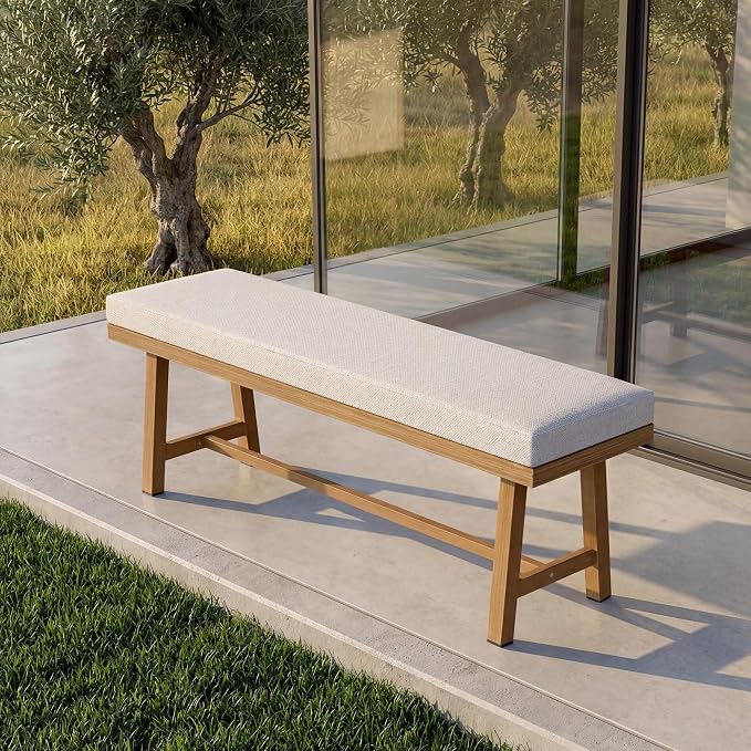 2-Person Outdoor Bench with Detachable Cushion, Rust-Free Aluminum Garden Bench, Indoor Outdoor Dining Bench with 550 lbs Weight Capacity for Backyard, Poolside, Porch, Teak