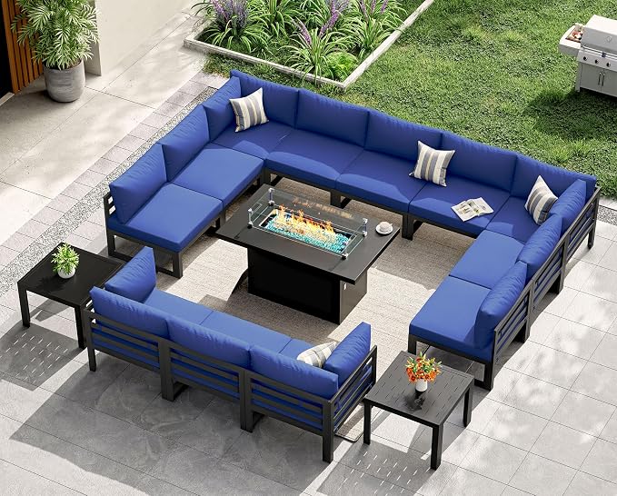 NICESOUL 15 Pcs Large Modern Aluminum Patio Furniture Set with Fire Pit Table Propane/Gas, L Shaped Sectional Sofa with Side Table, 500 lbs Heavy Duty Comfy Outdoor Couch for Backyard Lawn, Navy Blue