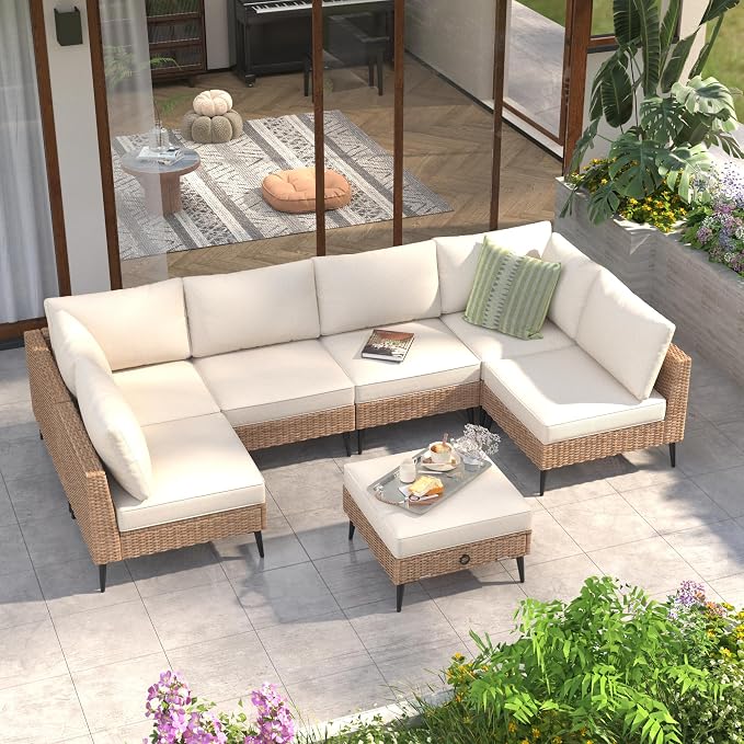 LVUYOYO 7 Pieces Outdoor Patio Furniture Set, Wicker Sectional Sofa Set for All-Weather, Rattan Conversation Sets with Cushions and Storage for Deck, Backyard, Porch (Khaki)