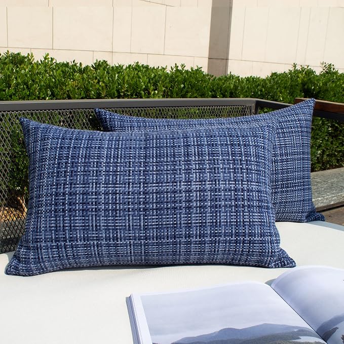 Kevin Textile Outdoor Waterproof 12"x24" Pillow Covers 2 Pack, Navy Blue | Water Resistant, Faux Linen Yarn-dyed, Woven Texture Throw Pillow Covers for Tent Patio Garden Couch Sofa