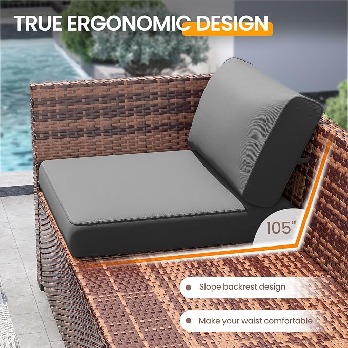 UDPATIO Patio Furniture Set with 44'' Fire Pit Table, 8 PCS Outdoor Sectional Furniture Sets, Slanted Back Outdoor Conversation Set PE Rattan Sofa for Porch W/Coffee Table, Grey