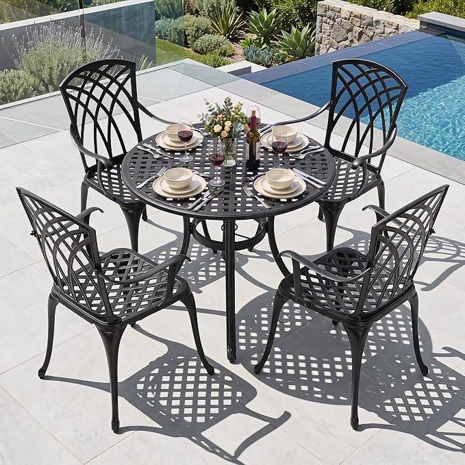 NUU GARDEN 5-Piece Outdoor Dining Set, 33" Cast Aluminum Dining Table with Umbrella Hole and 4 Cast Aluminum Chairs, Patio Table and Chair Set, Patio Dining Set for Poolside Deck Yard Balcony, Black