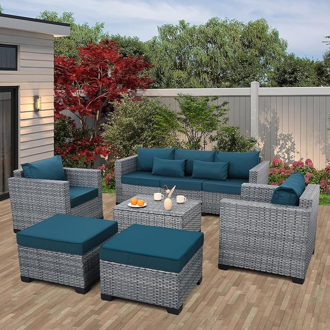 Lviden 6 Pieces Wicker Patio Furniture Sets Outdoor Conversation Set HDPE Rattan Sectional Sofa Couch with Storage Table and Non-Slip Cushions, Peacock Blue