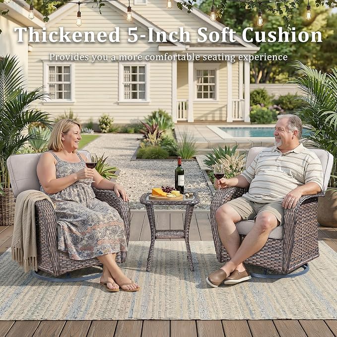 9 PCS Patio Furniture Set Outdoor Sectional Sofa Couch with Rocking Swivel Chairs 5" Deep Seat Chairs, Modern Wicker Rattan Conversation Set, Beige/Brown Wicker