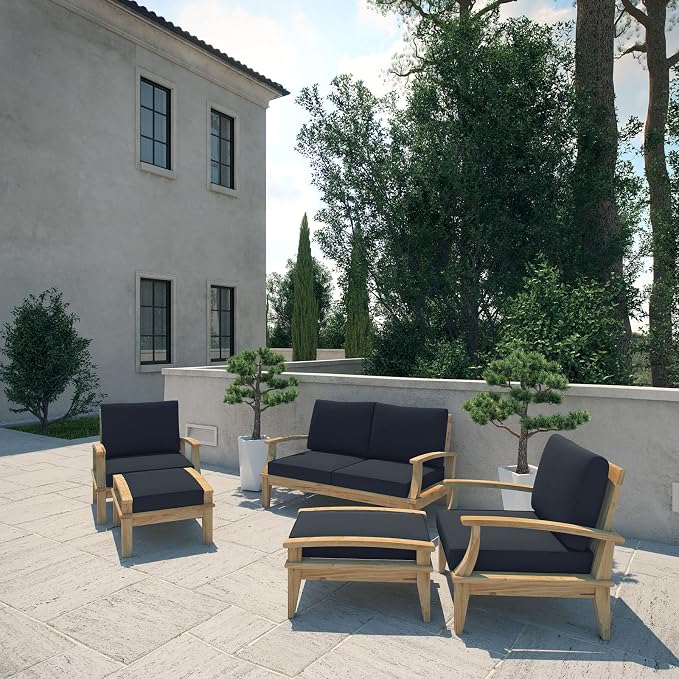 Modway Marina Premium Grade A Teak Wood 5-Piece Outdoor Patio Furniture Set in Natural Navy