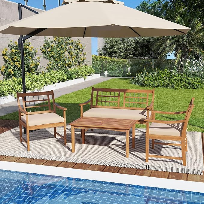 RELAX4LIFE Wood Patio Furniture Set - 4-Piece Outdoor Furniture w/Seat Cushions & Coffee Table, Loveseat Sofa Set for Balcony Porch Deck Poolside Backyard, Acacia Wood Conversation Set (Off White)