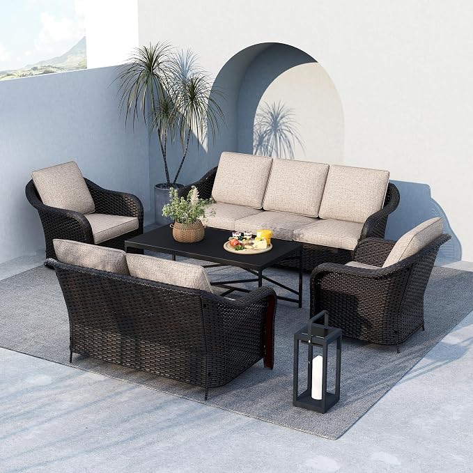 5 Pieces Outdoor Patio Rattan Conversation Furniture Set with Cushions, 78" 3-Seat Wicker Sofa, 55" 2-Seat Couch, 2 Armchairs, Metal Coffee Table for Garden (Beige)