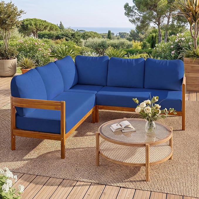 Acacia Wood L-shaped Outdoor Corner Sofa, Patio Conversation Furniture Set With 6 Soft Seat Cushions and Backpack , All Weather Outdoor Patio Sofa with Arc frame for Backyard, Garden (Blue-3.20)