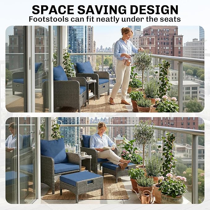 Outsunny 5 Piece Patio Furniture Set, Wicker Balcony Furniture with 23.6" Wide Deep Seat, 2 Ottomans, Glass Coffee Table, Cushions, Rattan Outdoor Conversation Patio Set for Garden Porch, Navy Blue