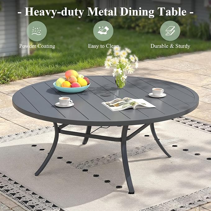 9 Pieces Patio Dining Set, 8 Outdoor Swivel Dining Chairs with 60" Round Metal Outdoor Dining Table with Umbrella Hole for Garden Backyard Deck, Grey & Dark Grey