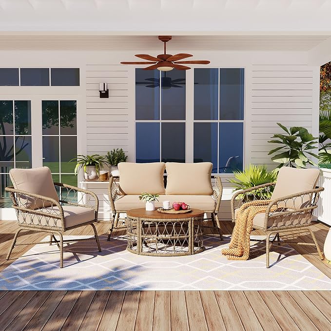 LUMISOL 4 Piece Patio Furniture Set, Outdoor Seating Group with Removable Cushions and a Coffee Table with Wooden Table Top, All Weather Patio Conversation Set for 4 Persons, Beige