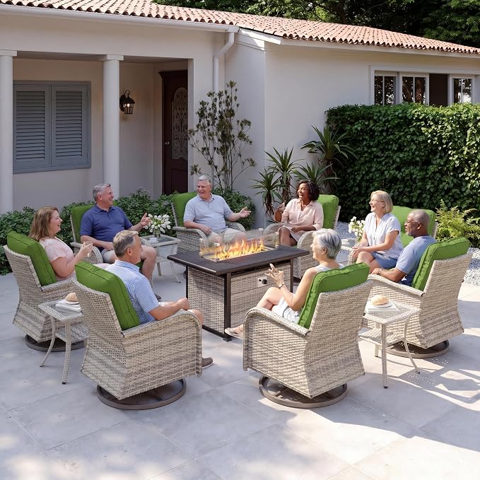 13Pcs Patio Rocking Swivel Chair with 55,000 BTU Fire Pit Table Outdoor Wicker Rattan Bistro Set with Tempered Glass Side Table, Patio Furniture Set for Garden and Balcony, Avocado Green