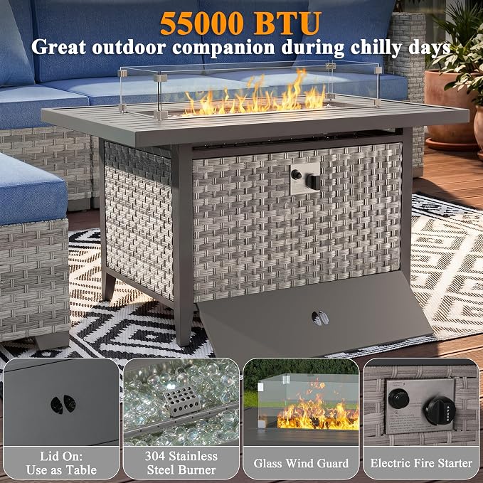 10 Piece Wicker Patio Furniture Set with 55,000 BTU Fire Pit Table, Swivel Rocking Chairs, 4''Cushions, PE Rattan, Wind Guard Glass, for Backyard, Deck or Balcony, Navy