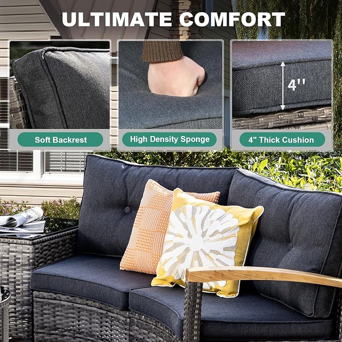 MEISSALIVVE 8-Piece Half-Moon Curved Outdoor Patio Furniture Set, Sectional Conversation Sofa with 2 Half-Moon Ottomans, Coffee & Side Tables for Backyard Deck Garden, Grey