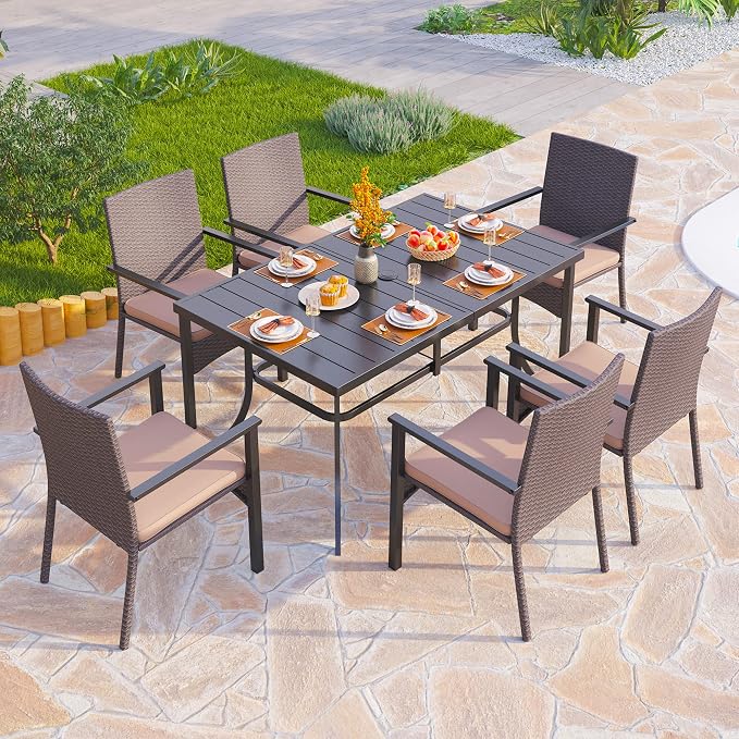 PHI VILLA Wicker Patio Dining Chairs Set of 2 with Removable Cushions | 2 Rattan dining chairs with thick removable seat cushions. Sturdy steel frame, easy assembly.