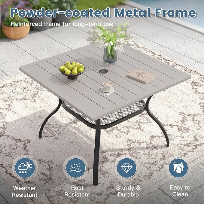 DIFY 5 Pieces Outdoor Dining Set, Metal Patio Table and Chairs Set for 4 with Umbrella Hole, 37.8" Grey Wood-Like Square Table and Sandshell Textilene Swivel Patio Chairs for Garden, Backyard, Deck