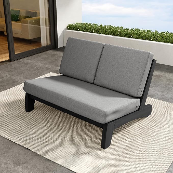 Outdoor Furniture Patio Couch, Weather Resistant Patio Loveseat Sofa Couch with Removable Cushion & Pillows, Black Wood Frame for Porch & Backyard Seating - Grey