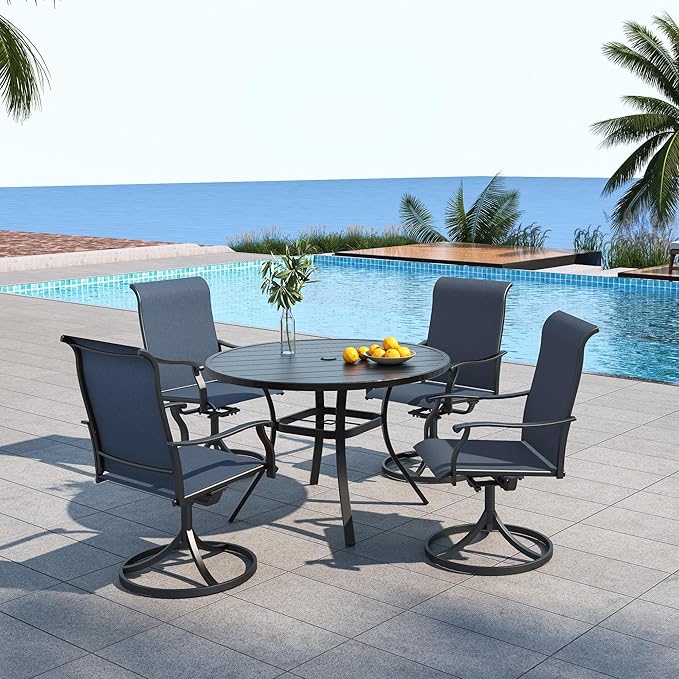Patio 41" Round Table and Navy Blue Swivel Chairs Outdoor Dining Set 5 Sty1 | 41 inch Metal Round Table; 4 Piece Swivel Chairs: High Back, Curved Armrest, Textilene Fabric, Rocking; All Weather