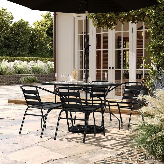 Flash Furniture Lila Commercial 5-Piece Outdoor Dining Set, Tempered Glass Patio Table with Umbrella Hole, 4 Triple Slat Chairs, 47", Black