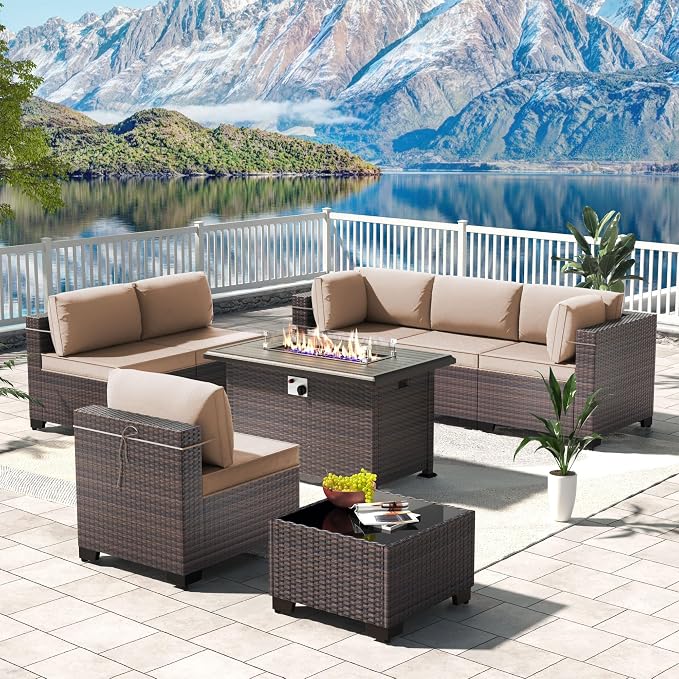 Kullavik 8 Pieces Outdoor Patio Furniture Set,Sectional Sofa Set with 43" 55000 BTU Gas Propane Fire Pit Table,Brown PE Rattan Wicker Patio Conversation Set,Sand