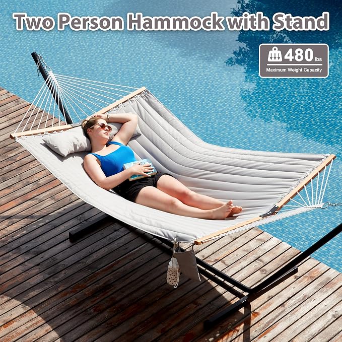 Homgava Two Person Hammock with Stand for Outside Heavy Duty, Outdoor Patio Hammock with Portable Steel Stand, Large Double Hammocks,480lbs Capacity.(Middle Grey)