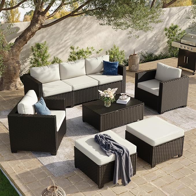 Aoxun 8 Piece Outdoor Patio Furniture Set 7 Seats, Outdoor Sectional with Thick Waterproof Cushions, Patio Conversation Sets for Garden,Backyard, Porch, Deck, Black & Beige