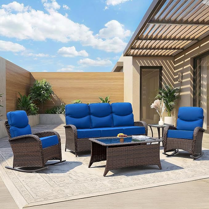 Luxury Patio Furniture Set with 6" Thick Cushions, High Back Outdoor Rocking Chairs and 3-seat Sofa, 5 Pcs All Weather Conversation Set for Porch Deck Poolside Yard (Blue)