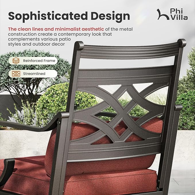 PHI VILLA Patio Dining Set, Metal Table | Metal chairs, Red Cushion, Umbrella Hole, Cushions, E-coated