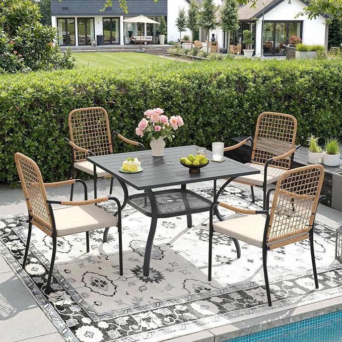 DIFY 5 Pieces Outdoor Dining Set, Metal Patio Table and Chairs Set for 4, 37.8" Square Dining Table with Umbrella Hole & Wicker Stackable Patio Chairs with Cushions, Grey Tabletop