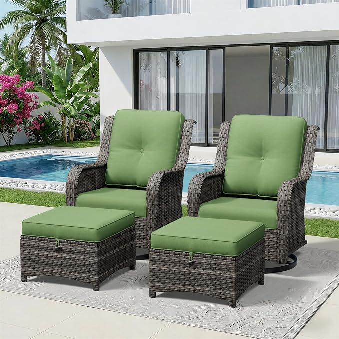 4 Piece Outdoor Wicker Patio Furniture Set, Outdoor Swivel Rocker Patio Chairs Set with Thickened Olefin Cushions, High Back and Deep Seating, Hand-Woven PE Rattan, Ottoman for Porch, Deck