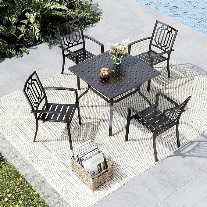 MFSTUDIO Outdoor Table and Chairs for 4, Outdoor Dining Set with Umbrella Hole, Metal Patio Furniture Set for Deck/Backyard/Poolside/Garden