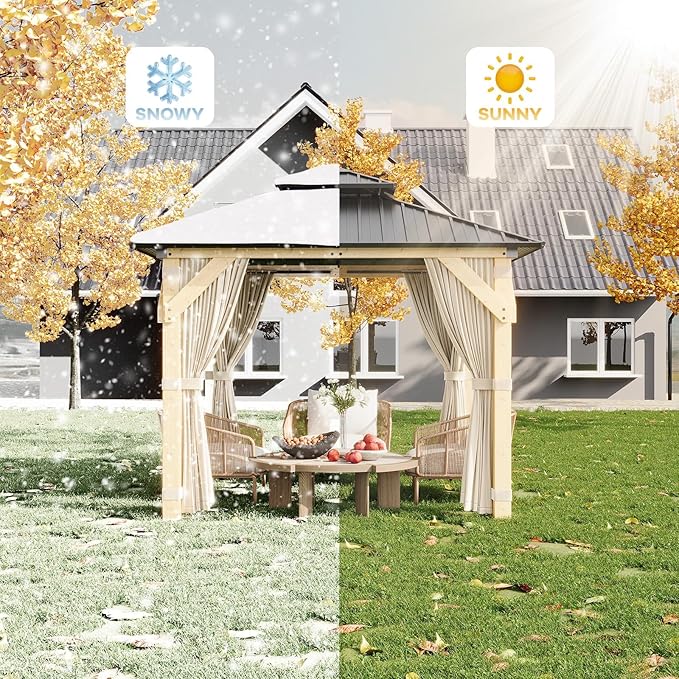Garvee 10x10 Ft Wood Gazebo, Upgrade Spruce Frame and Double Galvanized Steel Roof, Hardtop Gazebo with Nettings and Curtains for Backyard, Patio, Garden and Lawn, Khaki