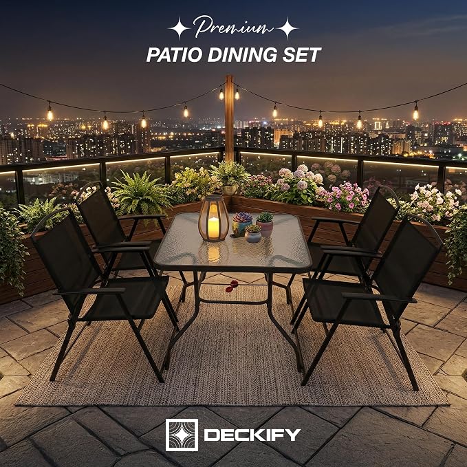 6-Piece Outdoor Patio Furniture Set for 4, Patio Table and Chairs Set with Umbrella, All-Weather Steel Frame & Glass Top Dining Table Set for Backyard, Lawn - Black