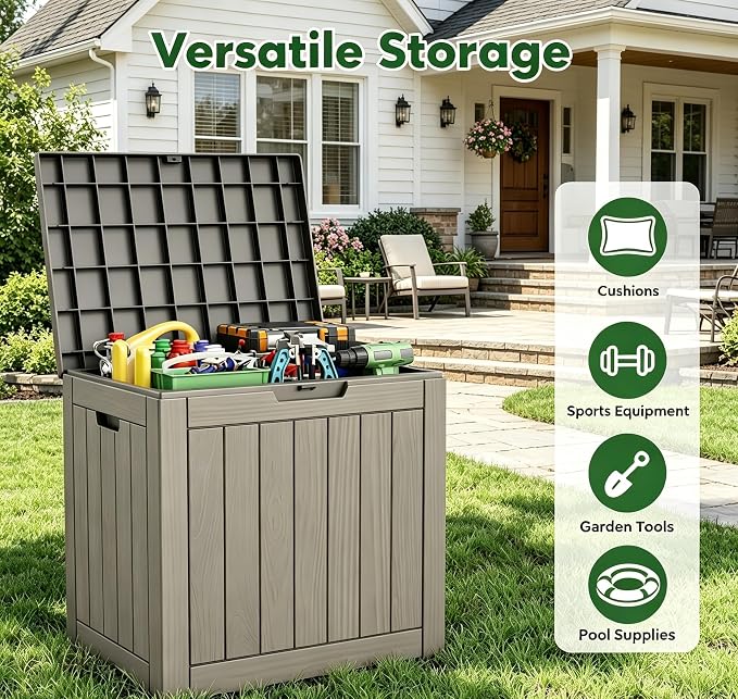 LAUSAINT HOME 31 Gallon Resin Deck Box, Package Delivery Box with Lockable Lid, Waterproof Outdoor Storage Box For Garden Tools, Patio Cushions(31 Gallon,Grey)