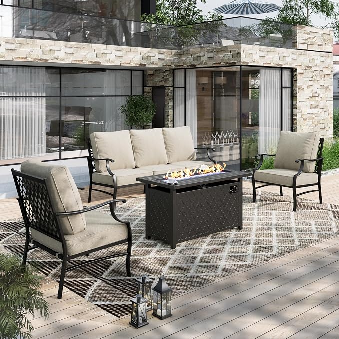 HERA'S HOUSE 4 Pieces Patio Fire Pit Furniture Set, 2 x Single Chair, 3-Seat Sofa with 45" Fire Pit Table, Outdoor Conversation Set for Garden, Poolside, Backyard