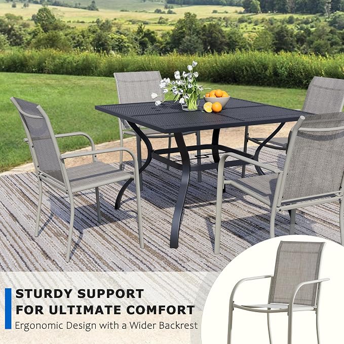 5-Piece Outdoor Dining Set, Square Metal Table with Grey Chairs, Black Patio Table with Umbrella Hole for Garden, Yard, Patio