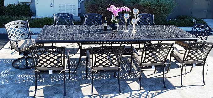 St Augustine Outdoor Cast Aluminum Powder Coated 11-Piece Dining Set with Extendable 48x132 Table (with 10 Swivel Rocking Chairs)