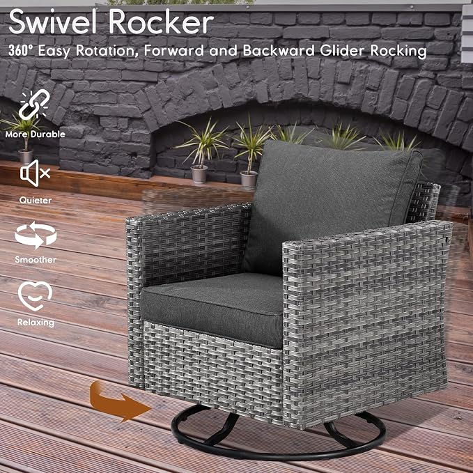 HOOOWOOO 10 Piece Patio Sectional Furniture Set with Swivel Rocking Chairs,Modern Wicker Outdoor Conversation Sofa Sets,Weather Resistant Modular L Shaped Outside Couch Set(Black)