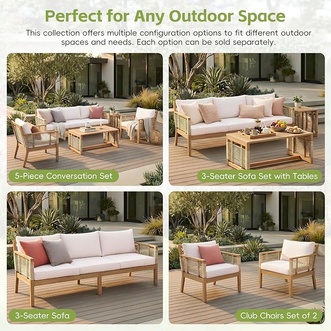 KLMM 5-Piece Patio Acacia Wood Sofa Set,Outdoor Hand Woven Rope Conversation Set with 3 Seater Sofa,2 Chairs and 2 Coffee Tables,for Garden Backyard Poolside (Teak+ Beige-pa)