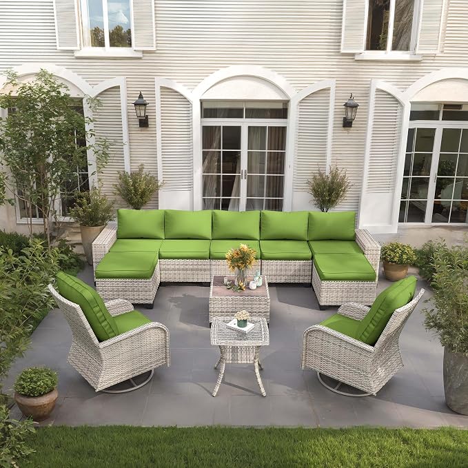 11-Piece Outdoor Patio Furniture Set with Rocking Swivel Chair Wicker Sectional Sofa Set, Patio Conversation Set with Ottomans & Coffee Table for Garden, Backyard, Avocado Green