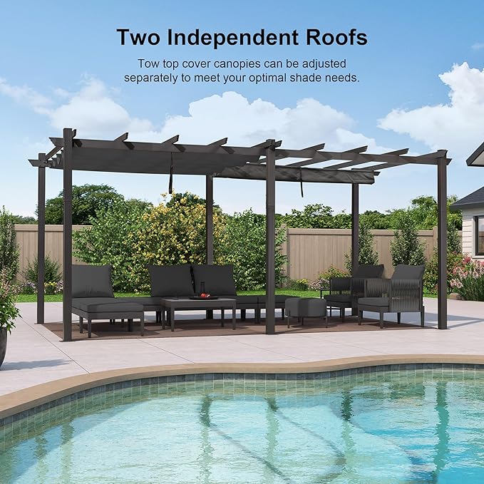 PURPLE LEAF 12' X 18' Outdoor Pergola with Retractable Canopy Aluminum Shelter for Porch Garden Sun Shade Beach Pavilion Grape Trellis Grill Gazebo Modern Backyard Deck Metal Patio Pergola Gray
