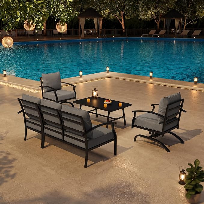 Metal Patio Furniture Set, 4 Piece Outdoor Sectional Conversation Sofa Set, 3-Seat Sofa w/2 Single Sofas and Coffee Table, Garden, Porch, Balcony, Deck, Grey